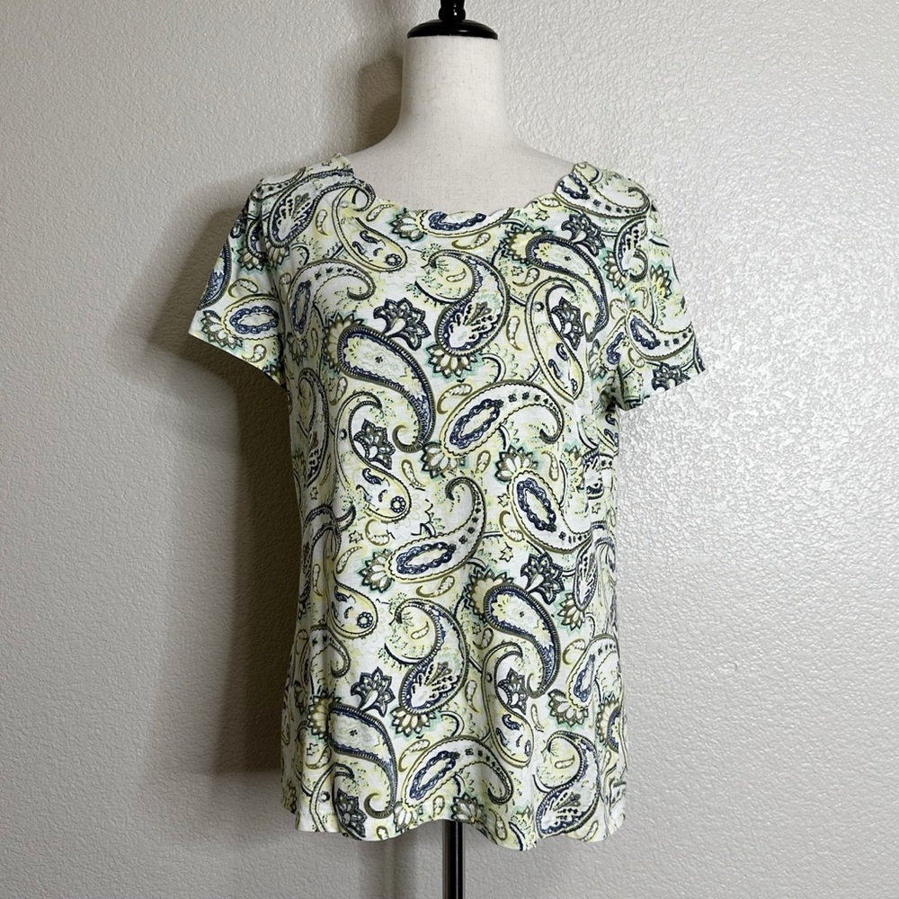 NWOT Talbots 100% Pima Cotton Paisley Scalloped Neck Short Sleeves Top,Sz Medium
